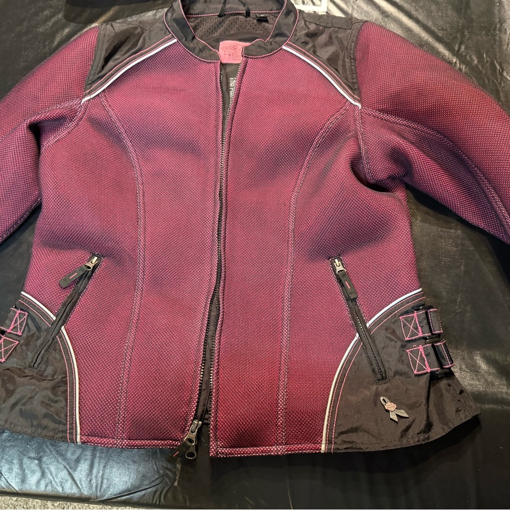 Harley-Davidson Red and Black Bomber Jacket with Classic Motorcycle Design